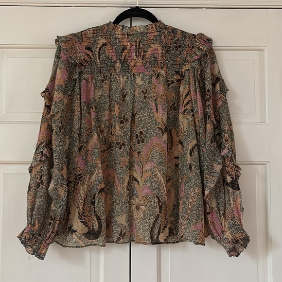 Ulla Johnson Lara Blouse Silk-Blend Ruffle Floral Birds of Paradise Ivory Size 6 - Picture 13 of 17
